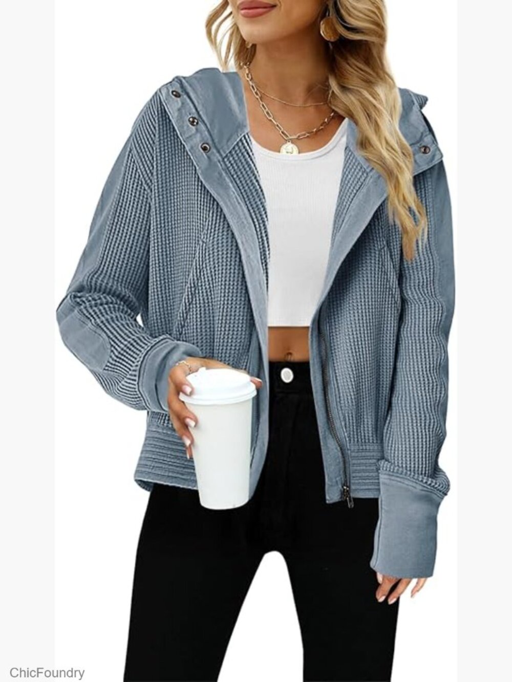 Cropped Zip Up Hoodie Waffle Knit Casual Jacket with Pockets